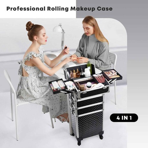 Yueieoun Rolling Makeup Train Case, 4-in-1 Cosmetology Case on Wheels, Nail Tech Cart for Travel, Professional Cosmetic Vanity Case, Suitcase for MUA/Manicure/Tattoo/Style, Lockable Storage Box, Black
