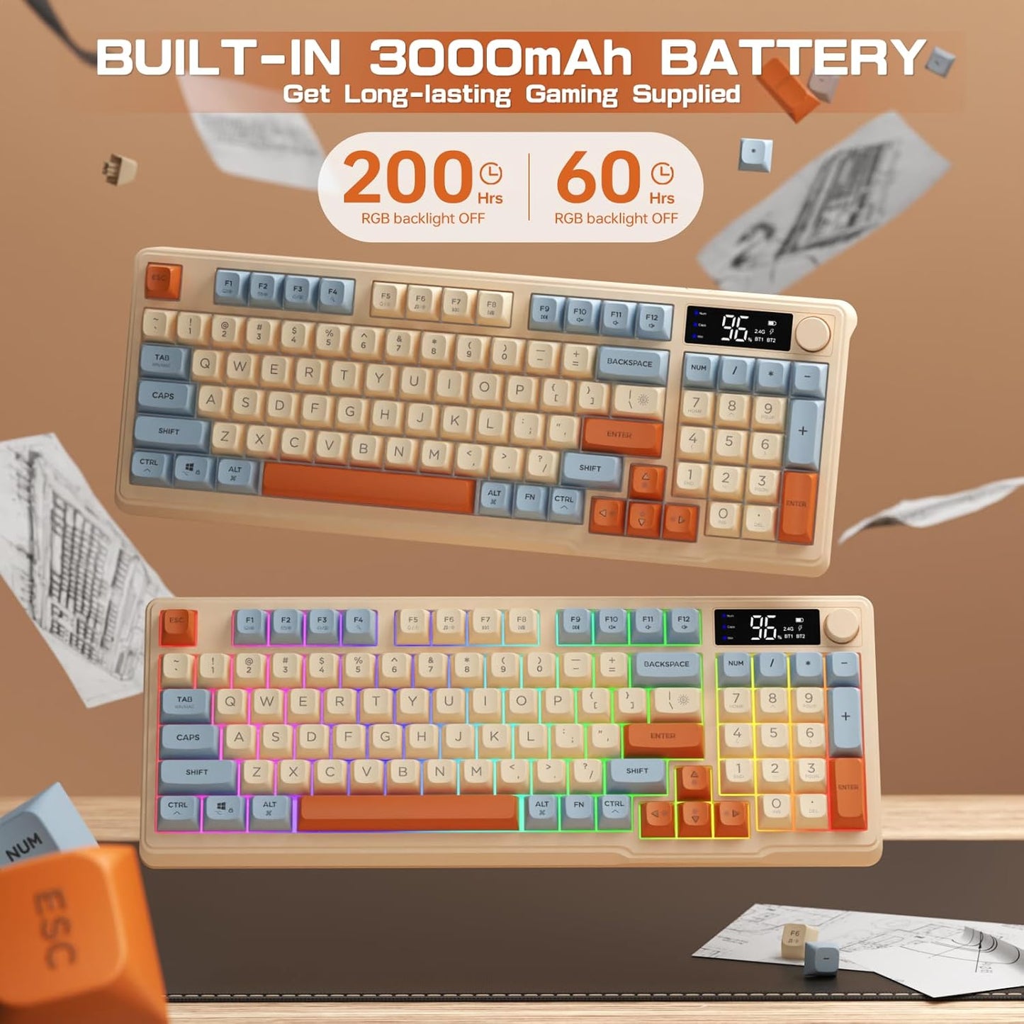 Attack Shark G300 Headset and M96 Wireless Gaming Keyboard,Knob Control BT/2.4G Wireless Keyboard,RGB LED Backlit with Display Screen,PBT Keycap,2000mAh,94-Key Layout for Win/Mac-Purple and Blueberry