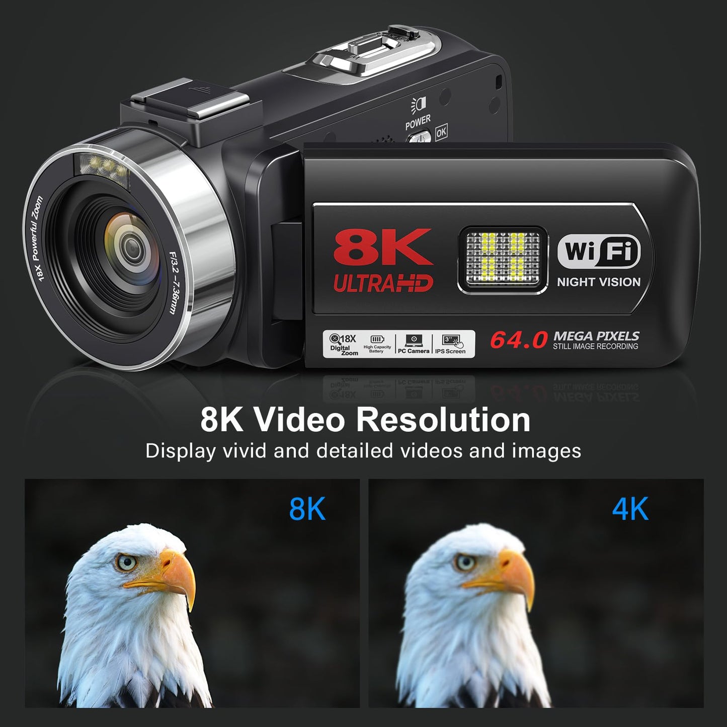 8K Video Camera Camcorder 64MP YouTube Vlogging Cameras IR Night Vision WiFi Webcam Camcorders with 18X Digital Zoom 3.0”Touch Screen Stabilizer, Mic, 64G SD Card, Remote Control and 2 Batteries