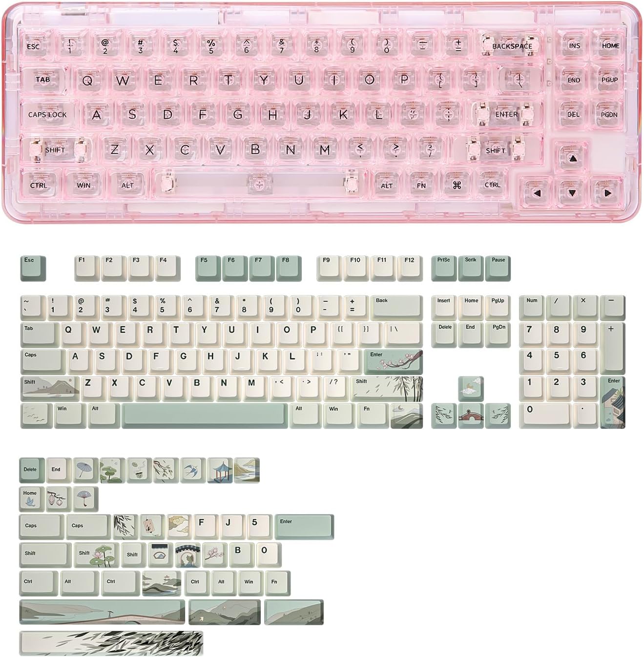 YUNZII X71 Transparent Mechanical Keyboard(Crystal Ice Switch,Pink), YUNZII Spring Tea Dye Sub PBT Keycaps(Cherry Profile, Spring Tea)