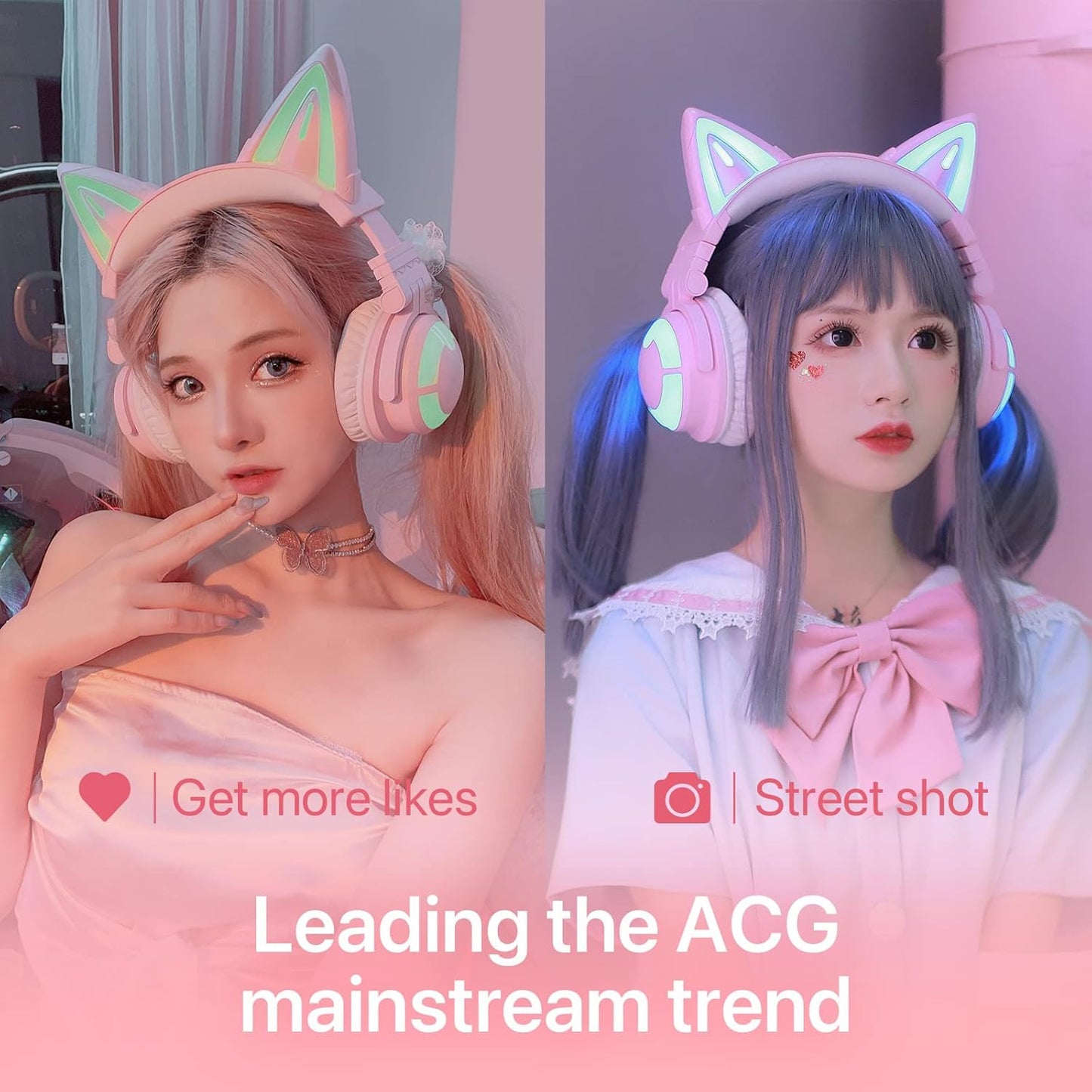 YOWU Cat Ear Headphones 3G, RGB Wireless/Wired 5.0 Foldable Gaming Headset with 7.1 Surround Sound, Built-in Mic & Customizable Lighting and Effect via APP(White)