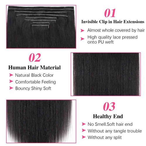 Mihugass Injected Clip in Extension Human Hair Straight Clip Ins for Women Brazilian Injected Clip ins Human Hair Natural Color 8 Pcs with 18 Clips 120g/Set (20 inch)