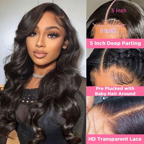 5x5 HD Lace Closure Wigs Human Hair Body Wave Lace Front Wigs for Black Women 100% Virgin Human Hair Pre Plucked with Baby Hair 180% Density Glueless Wigs Natural Black Color 20Inch