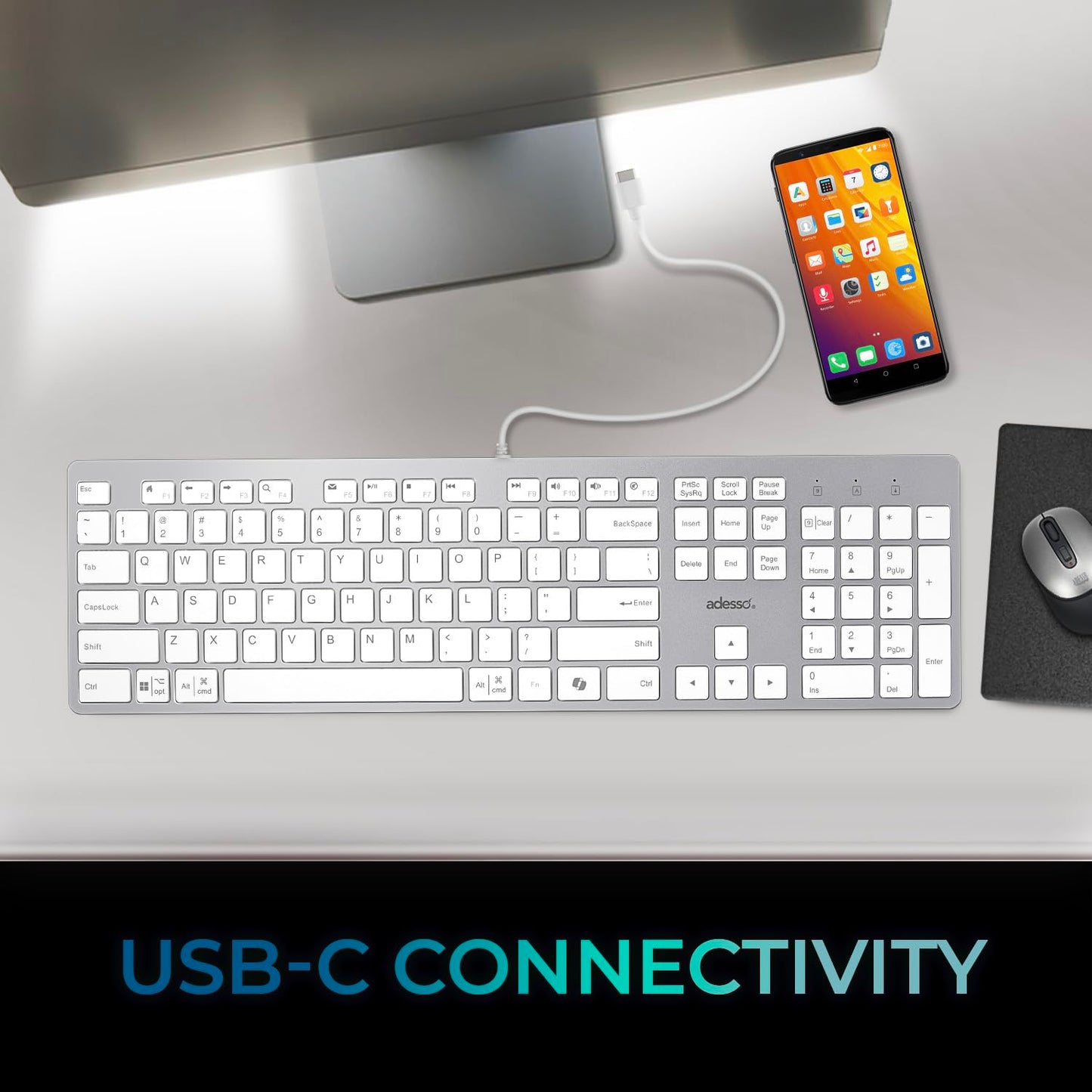 ADESSO EasyTouch 730 - USB C Multi-OS Scissor Switch Keyboard with Copilot AI Hotkey, Type C Keyboard with Hub, Built-in USB-A/C Ports and 3.5mm Aux - Quiet, Slim Design AKB-730UW