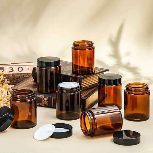 Domensi 48 Pcs 6oz Glass Jars with Lids Leakproof Round Airtight Empty Cosmetic Jars with Inner Liners Lid for Storing Lotions Spices Ointments Candle Making Food Storage (Amber)