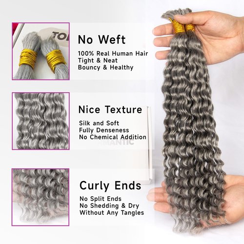 Topnormantic Human Braiding Hair for Boho Braids,Deep Curly Bulk Salt and Pepper Human Hair 100g 2 Bundles/Pack Brazilian Virgin Hair No Weft Wet and Wavy Gray Hair Extensions for Black Women 18 Inch