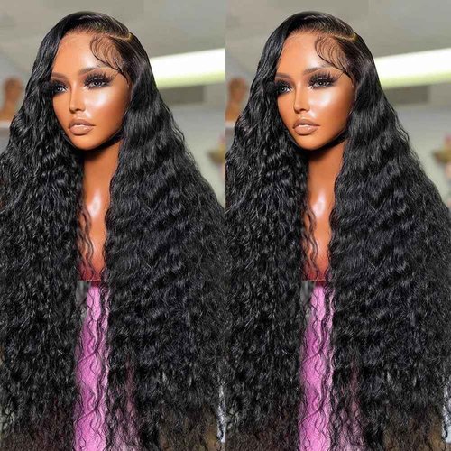 Kdmidun 13x6 Deep Wave Lace Front Wigs Human Hair 200% Density 13x6 HD Transparent Lace Frontal Wigs Human Hair for Women Glueless Deep Curly Wig Pre Plucked With Baby Hair Natural Black 28 Inch