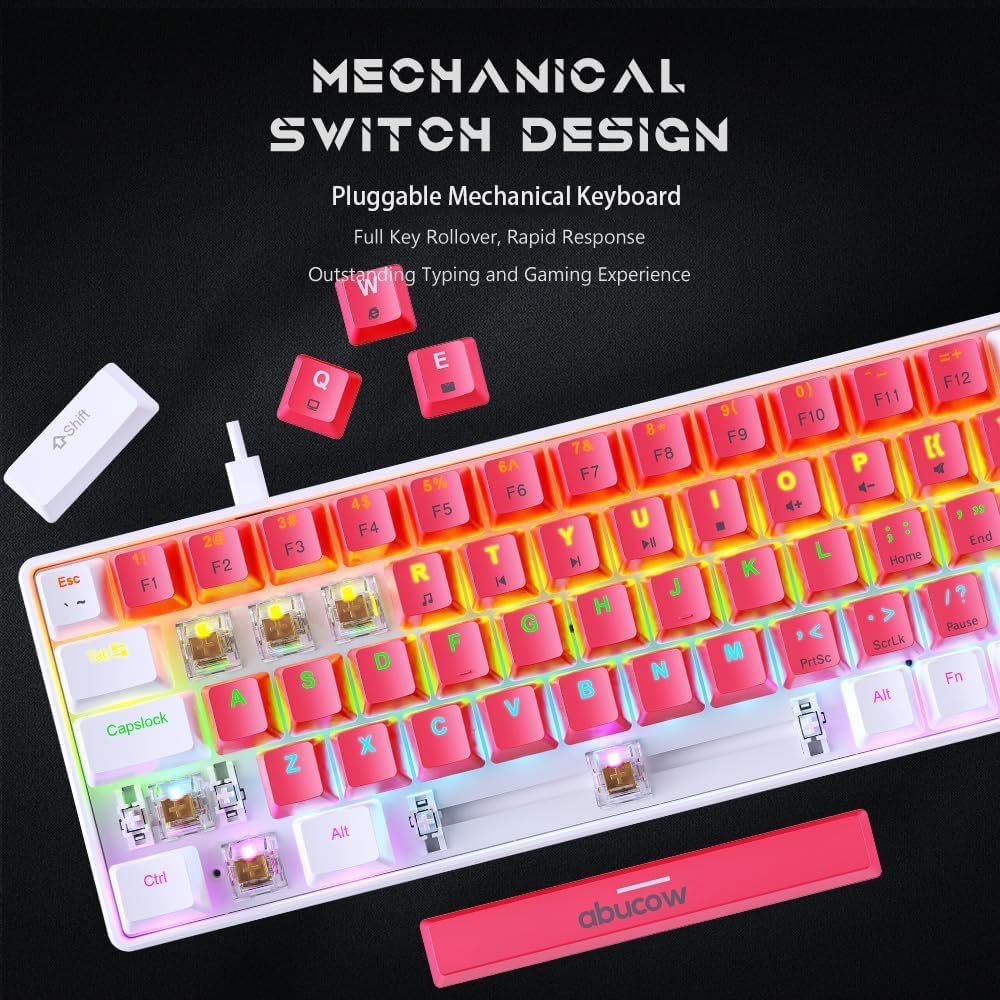 abucow 60% Wired Mechanical Keyboard – 68-Key Compact Layout, Full Anti-Ghosting, Brown Switch Swappable Red White Keycaps, for Windows/Mac