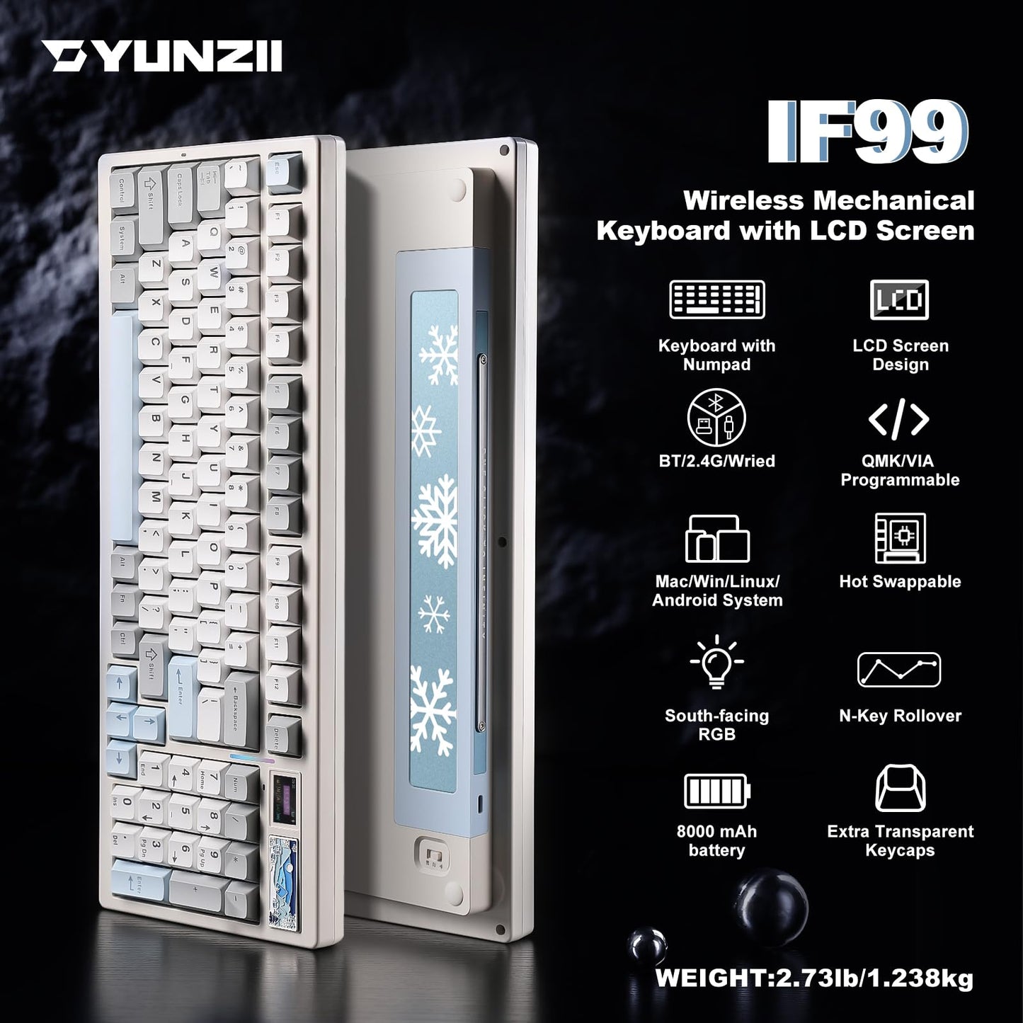 YUNZII IF99 Wireless Mechanical Gaming Keyboard with Smart LCD Display, QMK/VIA Programmable BT/2.4G/USB-C Gasket Mounted Hot Swap RGB 96% Layout for Mac/Win (White, Gateron Zero Switch)