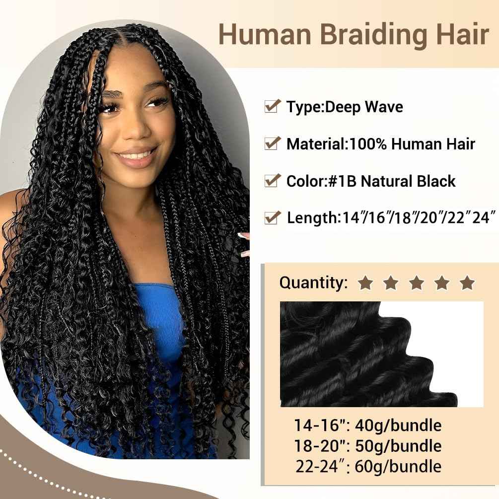 Human Braiding Hair for Boho Knotless Braids 2 Bundle 24 Inches 120g Deep Wave 10A Brazilian Virgin Human Bohemian Hair for Braiding Natural Black 1B