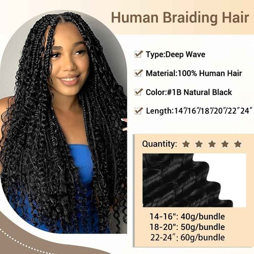 Human Braiding Hair for Boho Knotless Braids 2 Bundle 24 Inches 120g Deep Wave 10A Brazilian Virgin Human Bohemian Hair for Braiding Natural Black 1B