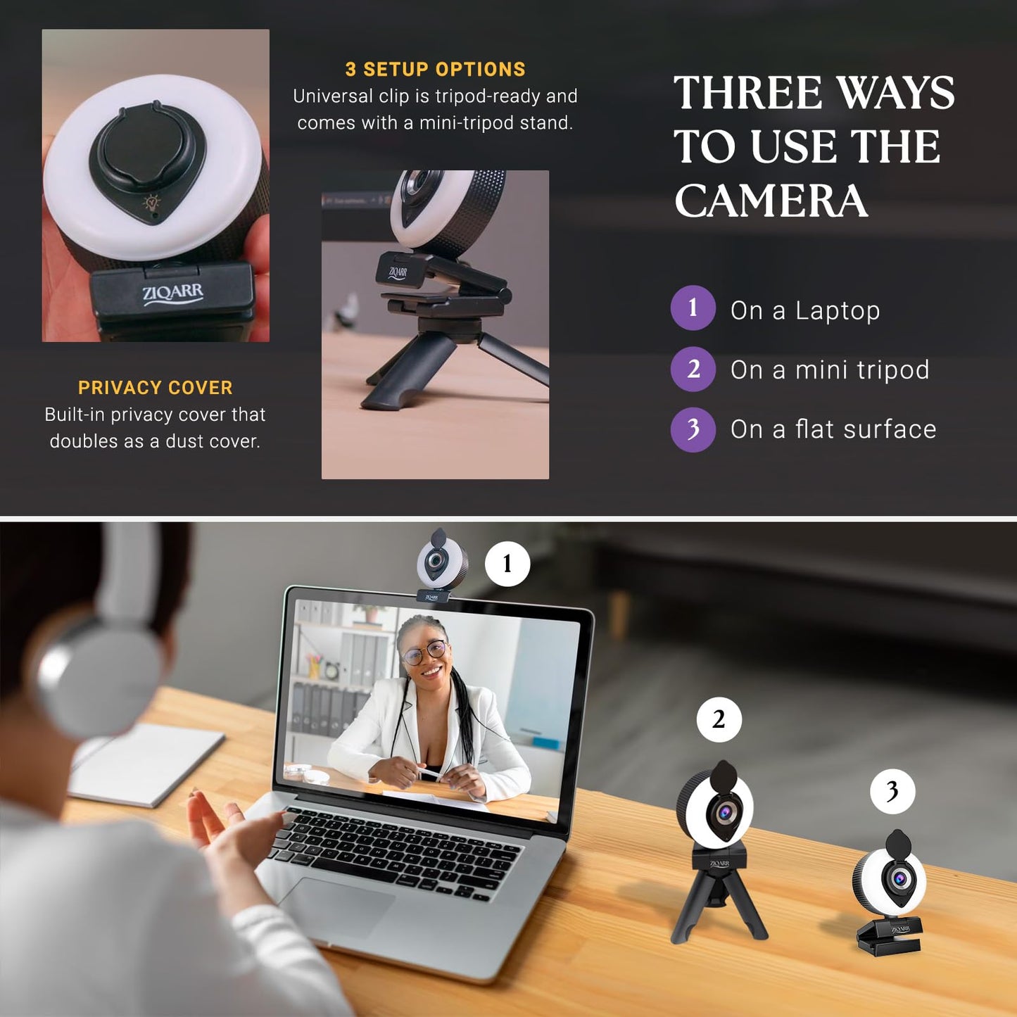 Ziqarr FHD 1080p All-in-One Webcam with Light and with Built-in Noise Reduction Microphone, Privacy Cover, Mini-Tripod and 110° Field of View for Streaming, Conferencing, Meetings and Gaming