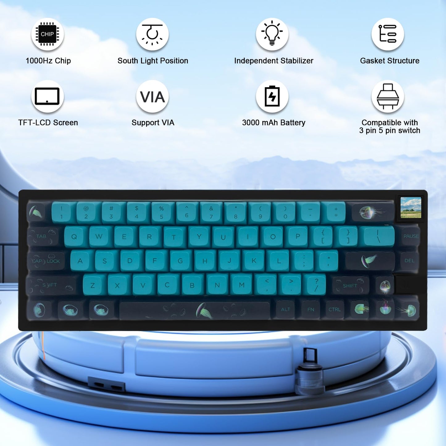ZMX GMK67S Keyboard Barebones Kit,65% Gasket Mount Hot Swap PCB Tri-Mode BT5.0/2.4G/Type-C Wireless Mechanical Keyboard with TFT-LCD Screen VIA Programmable Custom RGB Gaming Keybaord DIY Kit (White)