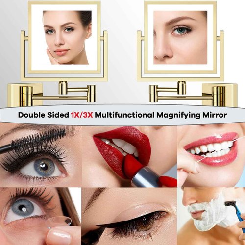 RECKODOR LED Lighted Makeup Mirror Wall Mounted Square, 1/3X Bathroom Magnifying Mirror Wall Mounted with Light, Touch Dimming, Rechargeable, PVD Zirconium Gold