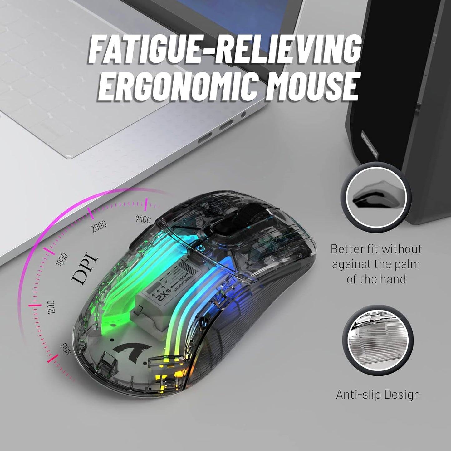 A.JAZZ Wireless Gaming Mouse with Full Transparent,Tri-Mode 2.4GHz/Bluetooth/Wired Mouse,Digital Display,Charging Base,3D RGB Backlit,Silent Mice with 7 Buttons,Wireless Mice for Laptop,PC,Mac(White)