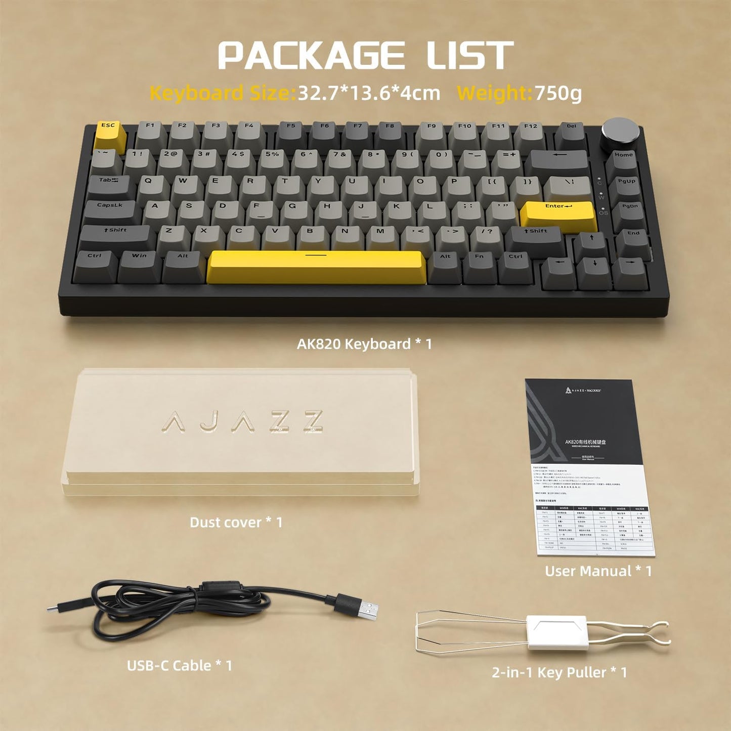 Attack Shark ajazz AK820 Wired Mechanical Gaming Keyboard with Volume Knob Hot Swappable 75% Gasket Keyboard 5-Layer Noise Absorbing Foam PBT Keycap Ice Blue Backlit Blue Switch for PC/Win/Mac-White