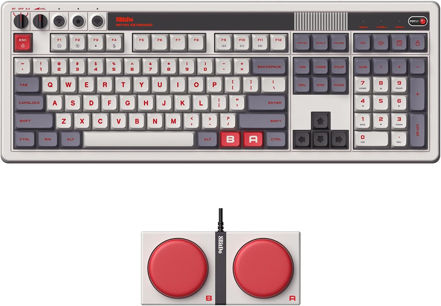 8BitDo Retro 108 Mechanical Keyboard with 108 Keys and Integrated Numpad, Bluetooth/2.4G/USB-C Hot Swappable Wireless Gaming Keyboard for Windows and Android - Fami Edition