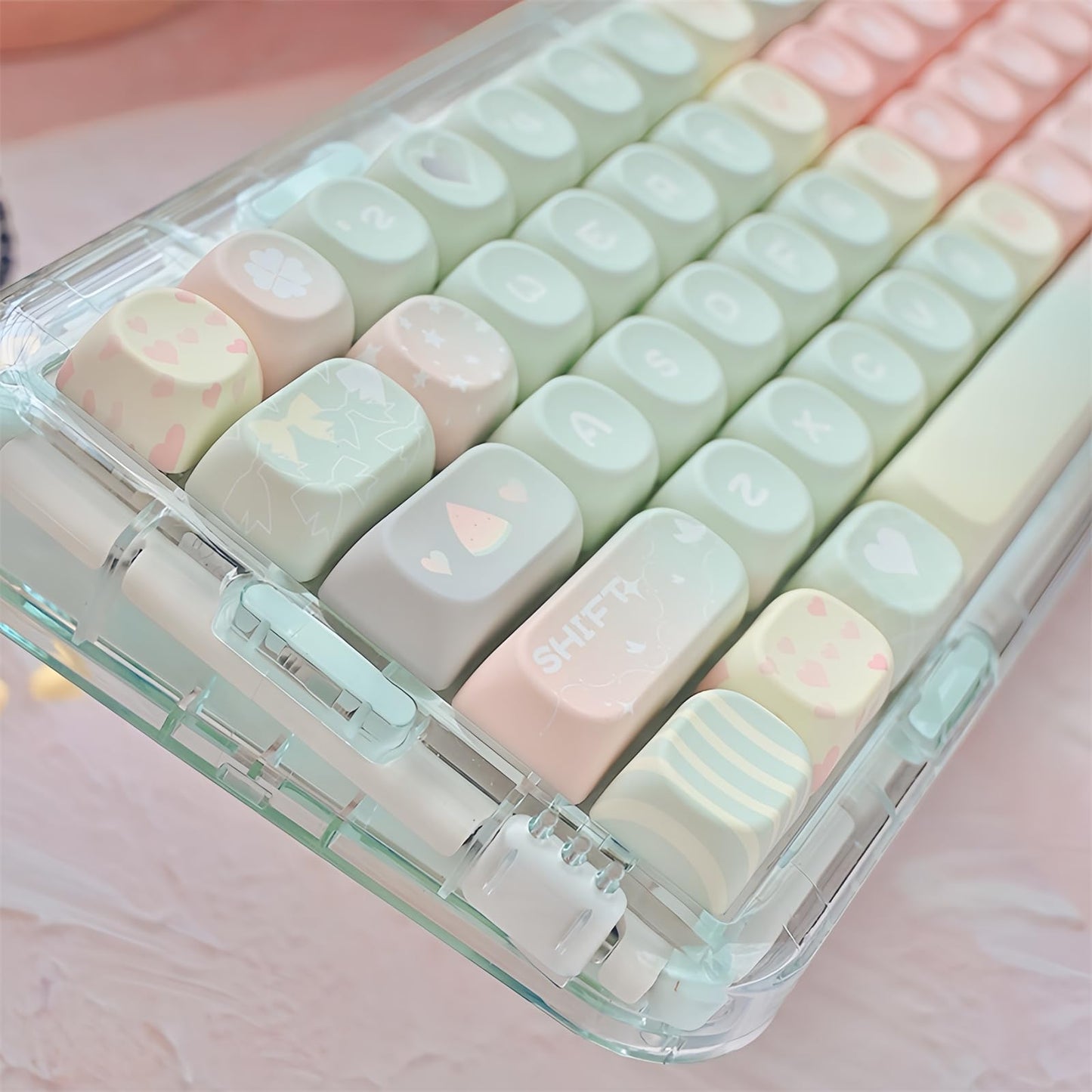 ZMX Cute MOA Keycaps,Gradient Pink Kawaii Round Keycaps Custom 126 Keys Keycap Set Thick PBT Keycap for Cherry MX Switch 75% 60% Mechanical Gaming Keyboard Creamy Watermelon Key Cap