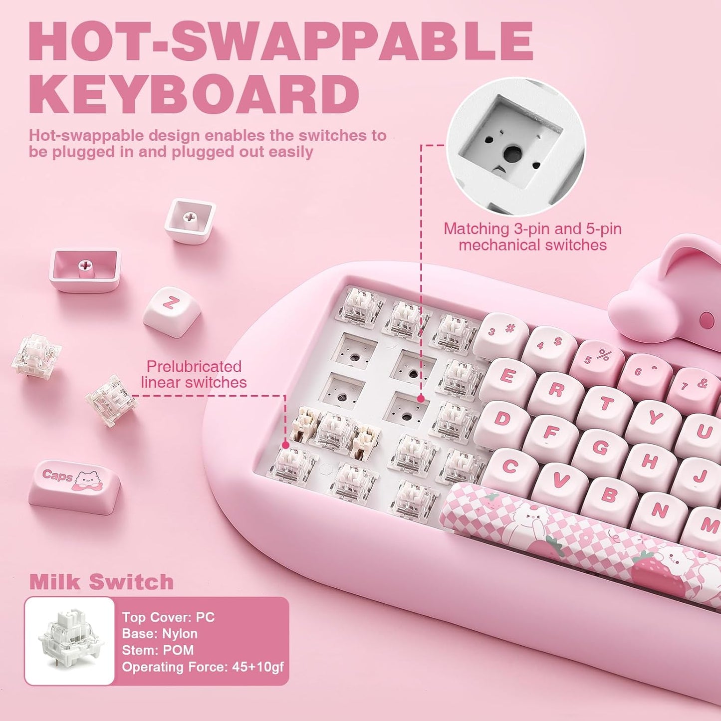 YUNZII C68 Panda Wireless Mechanical Gaming Keyboard, 68 Keys Cute Layout with PBT Keycaps,RGB Backlit, Hot Swappable,Creamy Switches,BT5.0/2.4G/Wired for Win/Mac(White,Panda Switch)