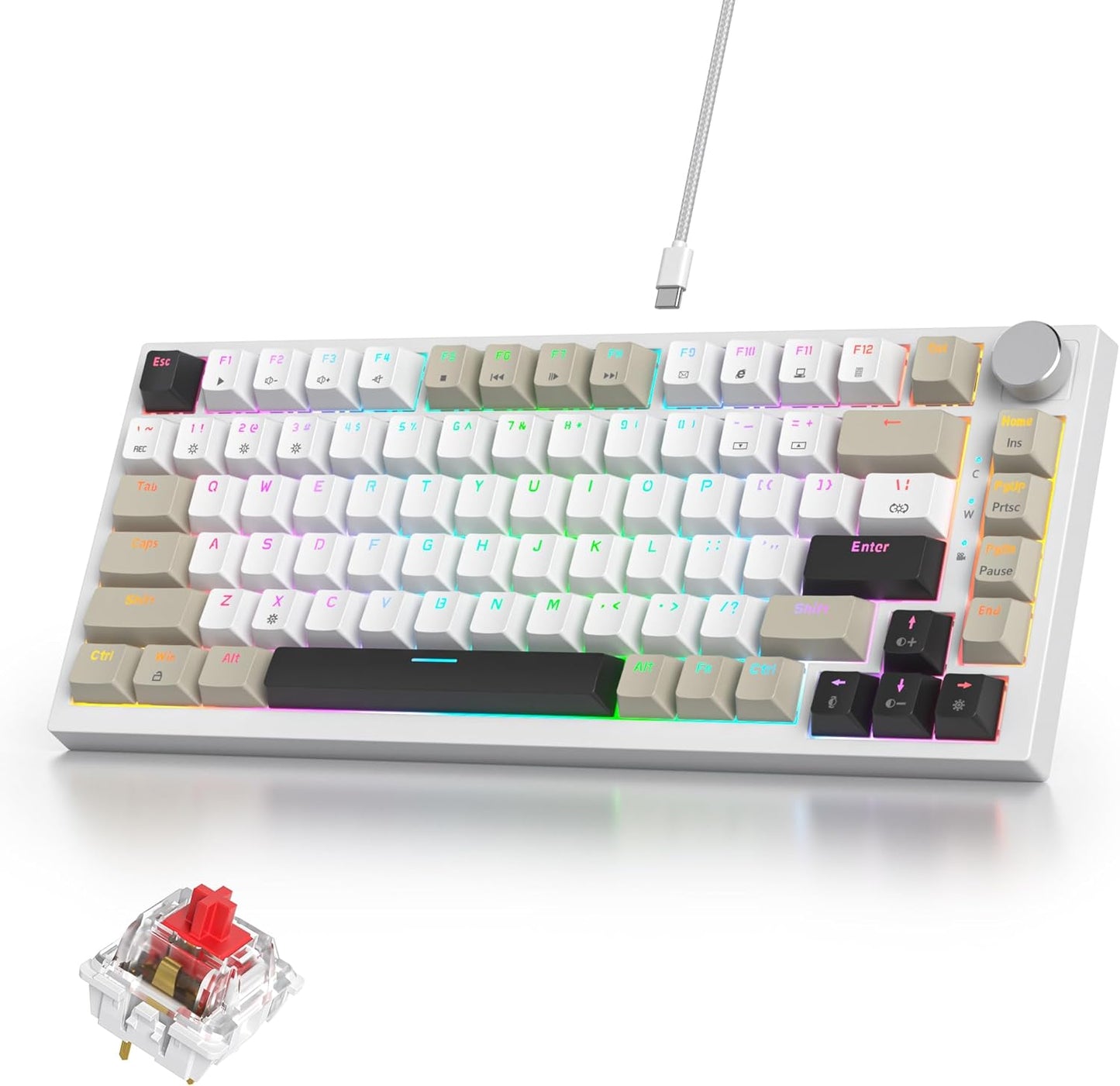 75% Mechanical Gaming Keyboard with Volumn Knob, Gasket Hot Swappable RGB, Wired, Red Switch, 82 Keys Compact Creamy (Black Grey)