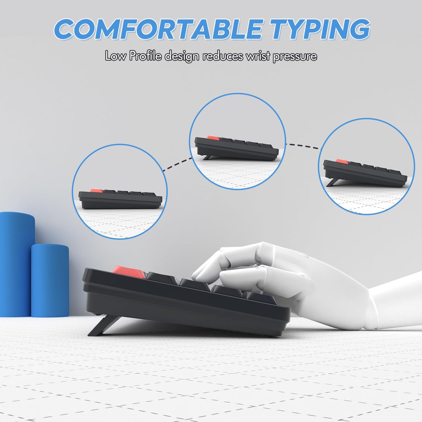 A.JAZZ AKL680 65% Low Profile Wireless Mechanical Keyboard, BT/2.4Ghz Dual Mode 68 Keys Gaming Keyboard with Ultra-Thin Red Switches for PC/Laptop/Windows/Mac(Black/Blue)