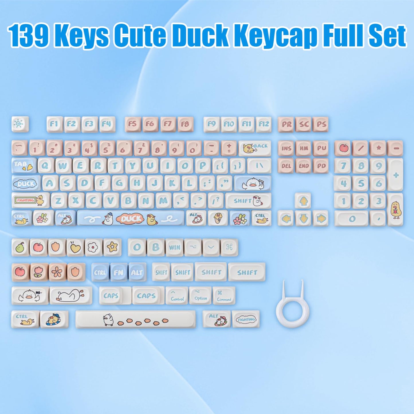 ZMX Cute Duck Keyboard Keycaps,MOA Profile 139 Keys Custom Keycaps Set Thick PBT Dye Sublimation Kawaii Round Key Cap for Cherry MX Switch 75% 60% 100-Percent Mechanical Gaming Keyboard