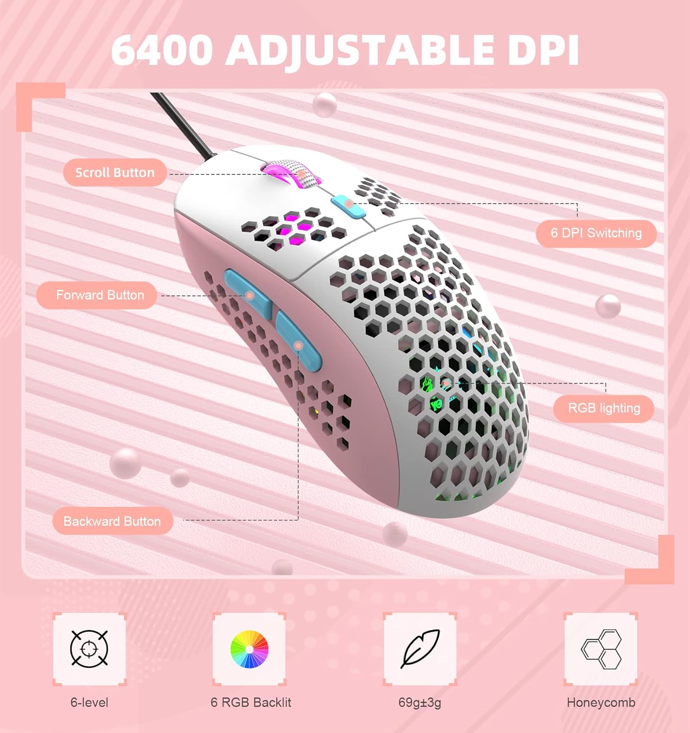 ZIYOU LANG Wired RGB Gaming Mouse,65G Lightweight Honeycomb Ultralight Mouse with High Precision Sensor 6400DPI,6 Button Programmable USB Gaming Mice,Precise Registration for PC Gamers Xbox PS4 Users