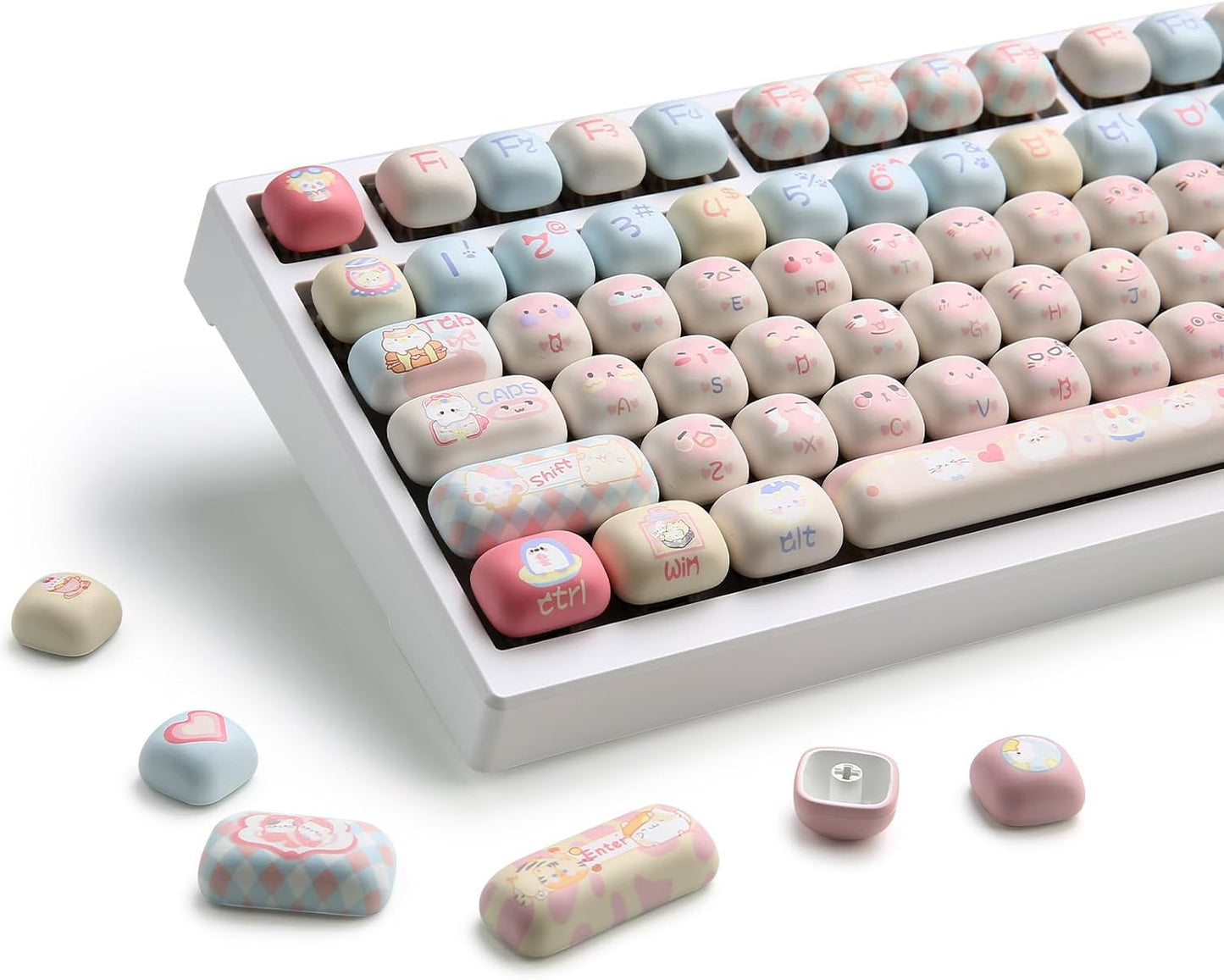 YUNZII Cute Pink Ice Cream Custom Keycaps, 138 Keys Dye Sub PBT MOG Profile Keycap Set for Mechanical Gaming Keyboards (Pink Ice Cream)