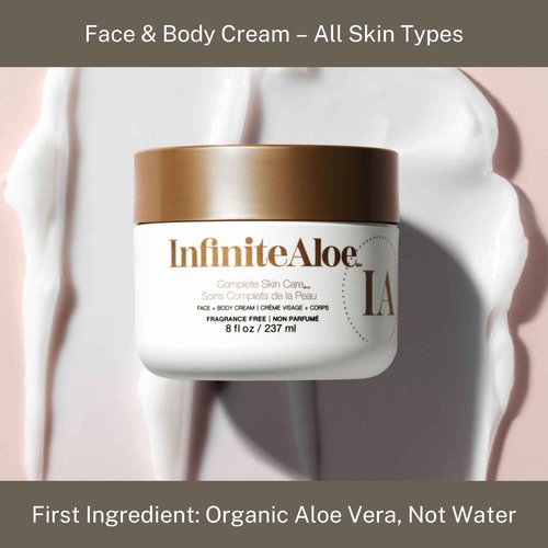 InfiniteAloe Complete Skin Care, Aloe Vera Powered Face and Body Cream for Dry Skin Relief, Fragrance Free - 2 Large Jar 8 oz & 2 Travel Jar 0.5 oz