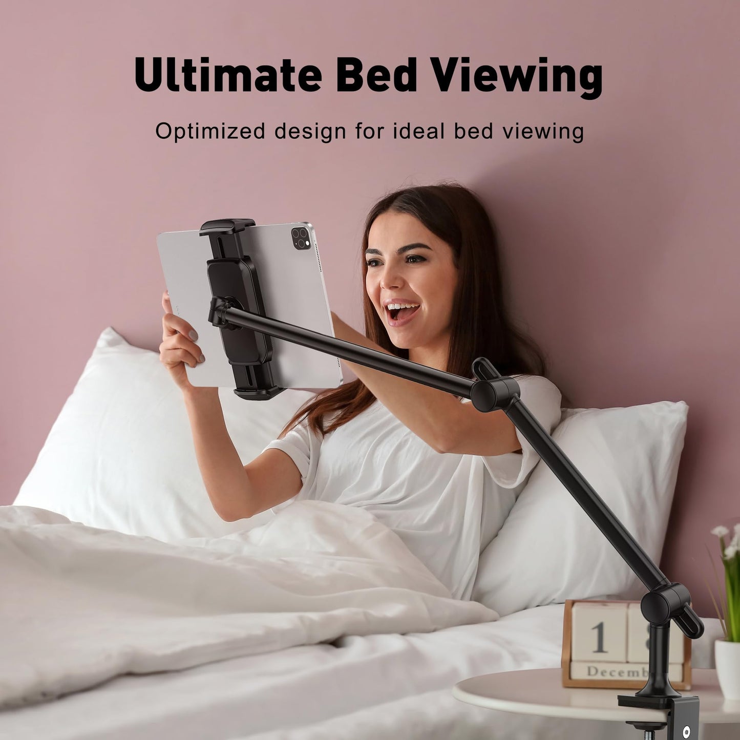 AboveTEK Tablet Stand Holder, Aluminum iPad Holder for Desk & Bed, Adjustable Arm Clamp Mount with 360° Rotation, Overhead Compatible with 4.7"-13.5" iPad Pro/Air/Mini, iPhone, Galaxy Tab- Black