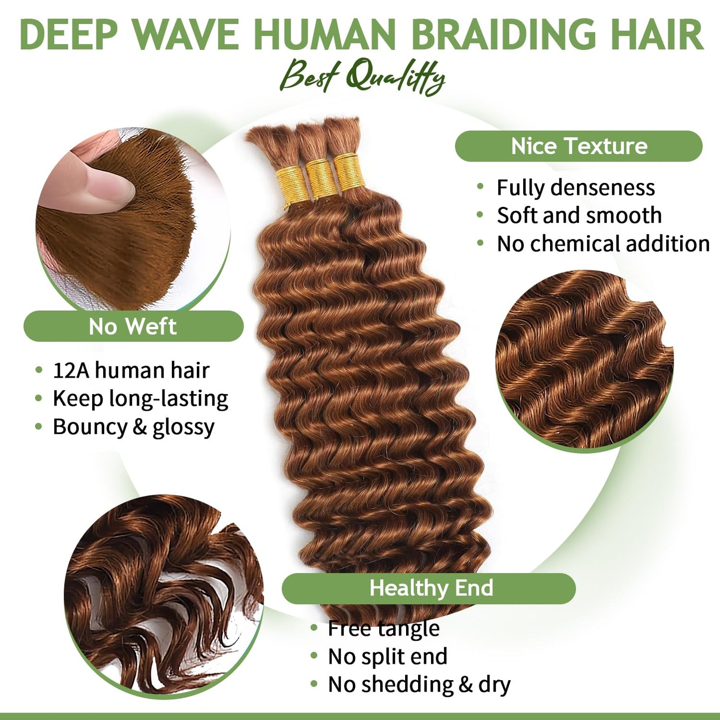 Human Braiding Hair for Boho Braids 120g 12A Deep Water Wave Bulk Human Hair Knotless Boho Braiding Curly 100% Virgin No Weft Extensions Bohemian Braids 3 Bundles/Pack Auburn Ginger 24 Inch