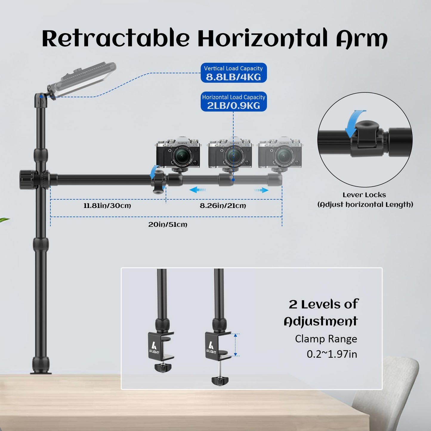 ailight Overhead Camera Mount Desk Stand, Webcam Mount with 2-Section Adjustable Telescopic Boom Arm, Tabletop C Clamp for DSLR Camera, Ring Light, Live Streaming, Photo Video Shooting