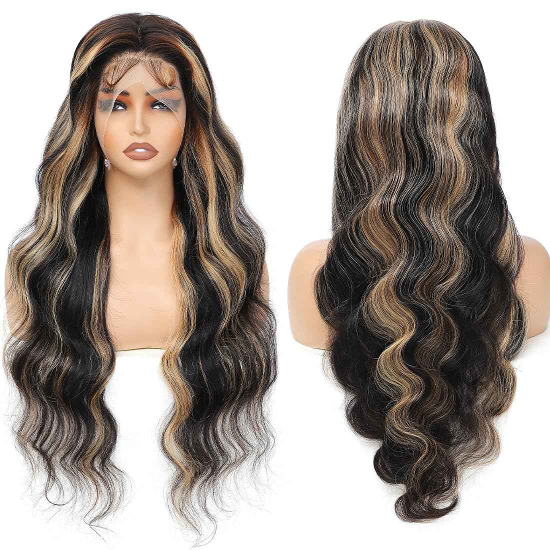 30 Inch 1B/27 13x6 Balayage Highlight Ombre Body Wave Lace Front Wigs Human Hair 200 Density Honey Blonde Colored Lace Frontal Glueless Wigs Human Hair Pre Plucked for Women with Baby Hair
