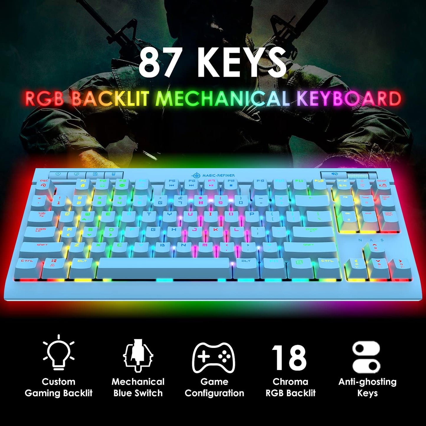 ZIYOU LANG Mechanical Gaming Keyboard, 87 Keys Chroma RGB LED Backlit, Blue Switch, USB-C, PC/Mac Compatible