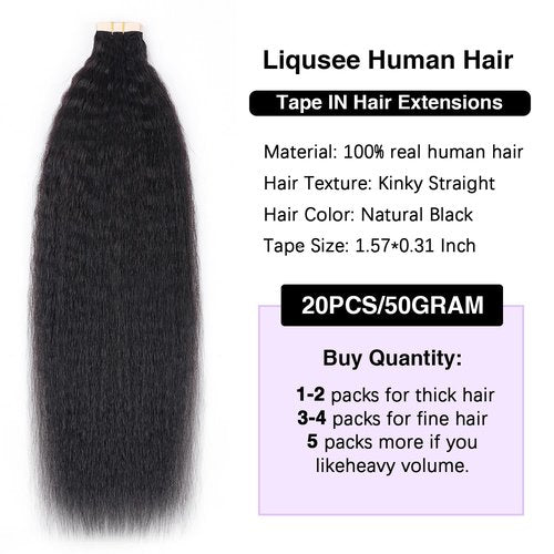 Liqusee Kinky Straight Tape In Hair Extensions Human Hair 100% Remy Hair Natural Black 26 inch 20pcs 50g/Pack Double Sided Seamless Skin Weft Tape ins Real Human Hair Extensions for Black Women