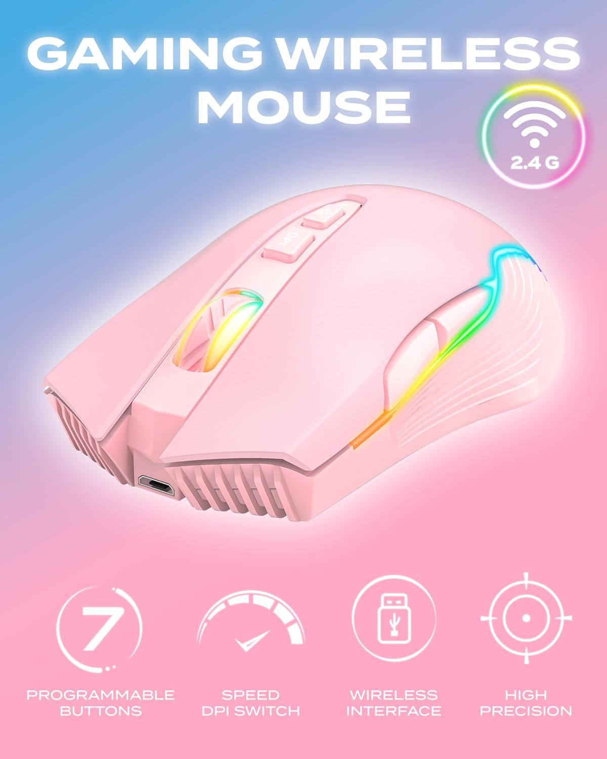 Aimzone Pink Gaming Mouse with RGB, USB Wireless Mouse for Gaming with Adjustable DPI, Multiple LED Lightning Effects, Rechargeable Wireless Mouse, Full Compatible with Mac & Windows (Pink)