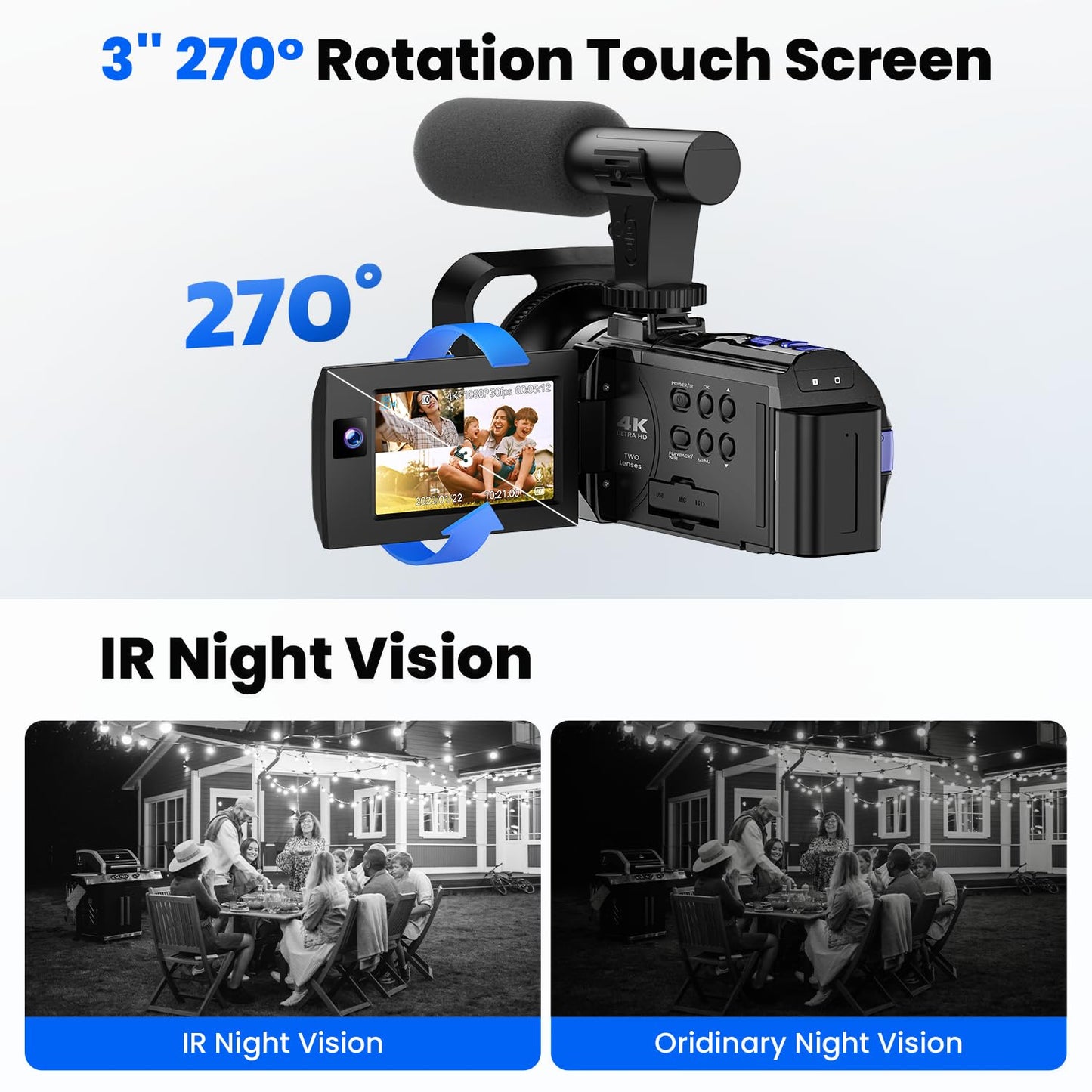 5K Camcorder Video Camera 56MP Vlogging Camera YouTube 16X Digital Zoom Webcam Anti-shake 3.0" 270° Rotation Touchscreen Dual Lens Cam corder with 64GB SD Card, 2 Batteries, Microphone, Remote, Tripod