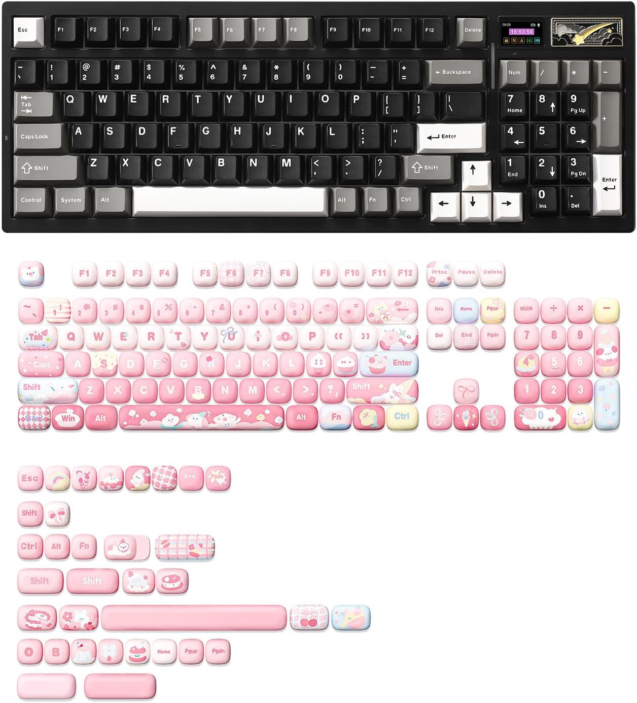 YUNZII IF99 Wireless Mechanical Gaming Keyboard(Black, Cocoa Cream V2 Switch), MOG Dye Sub PBT Keycaps(Pink Ice Cream)