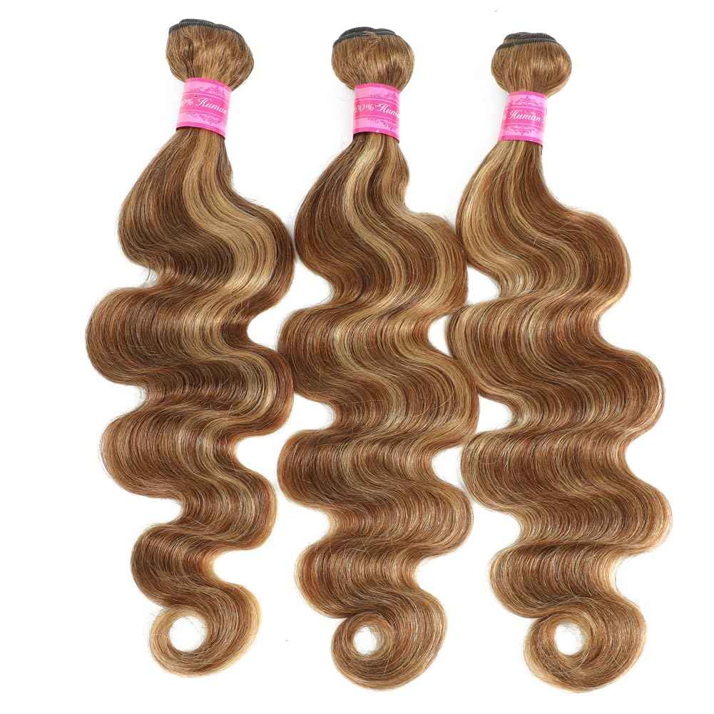 Highlight Human Hair Bundles Body Wave P4/27 Ombre Brown Body Wave Bundles Colored (14 16 18 Inches) Honey Blonde Human Hair Brazilian Virgin Hair Weave 100% Natural Herbal Dyeing