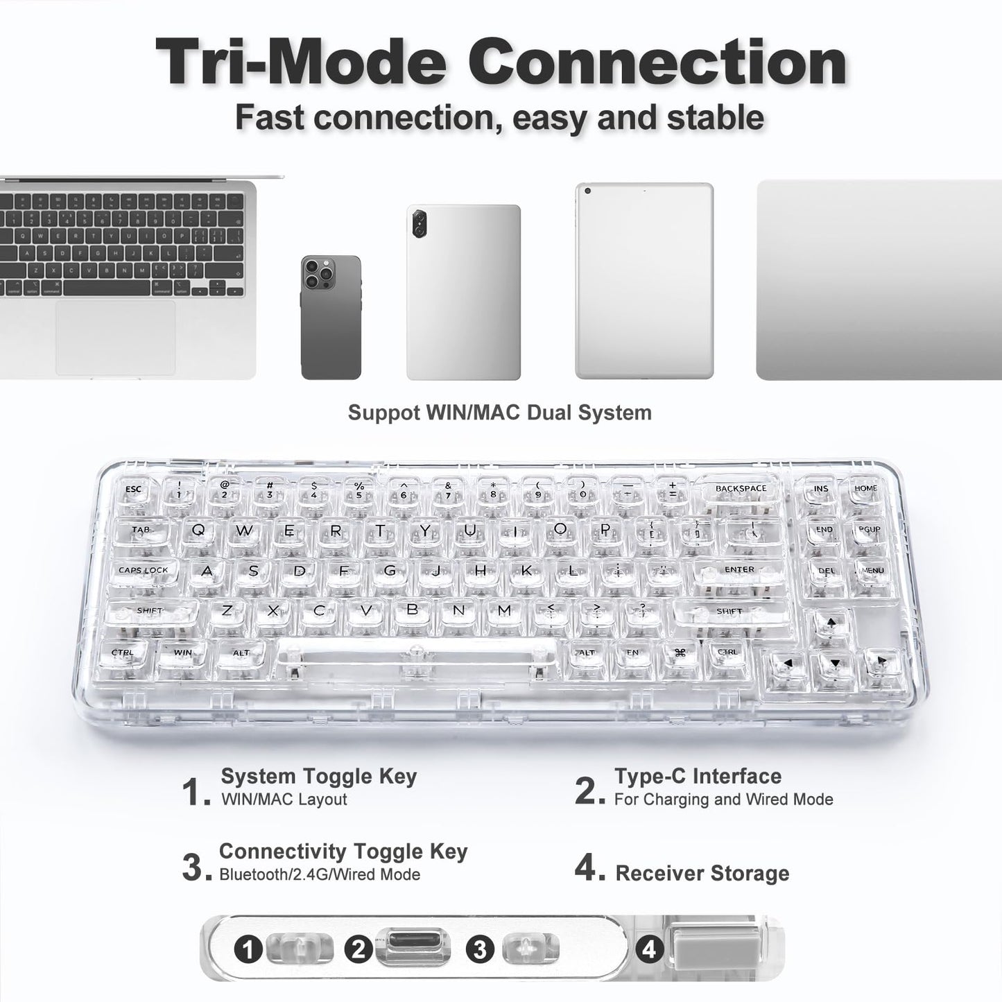 YUNZII X71 Wireless Hot Swappable Transparent Mechanical Keyboard with Clear Keycaps, 68% Layout, BT5.0/2.4G/USB-C Gasket Mount Wireless RGB Backlit for Windows/Mac(Crystal Ice Switch,White)