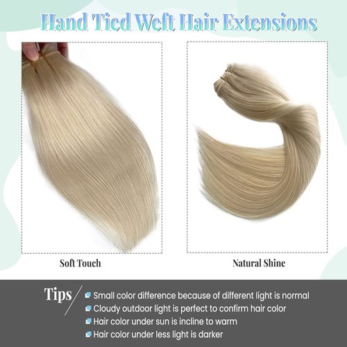 Sew in Hair Extensions Real Human Hair,Blonde Weft Hair Extensions Human Hair Bundles Hand Tied Weft Hair Extensions Human Hair 22 Inch 120G Sew in Weft Hair Extensions for Women