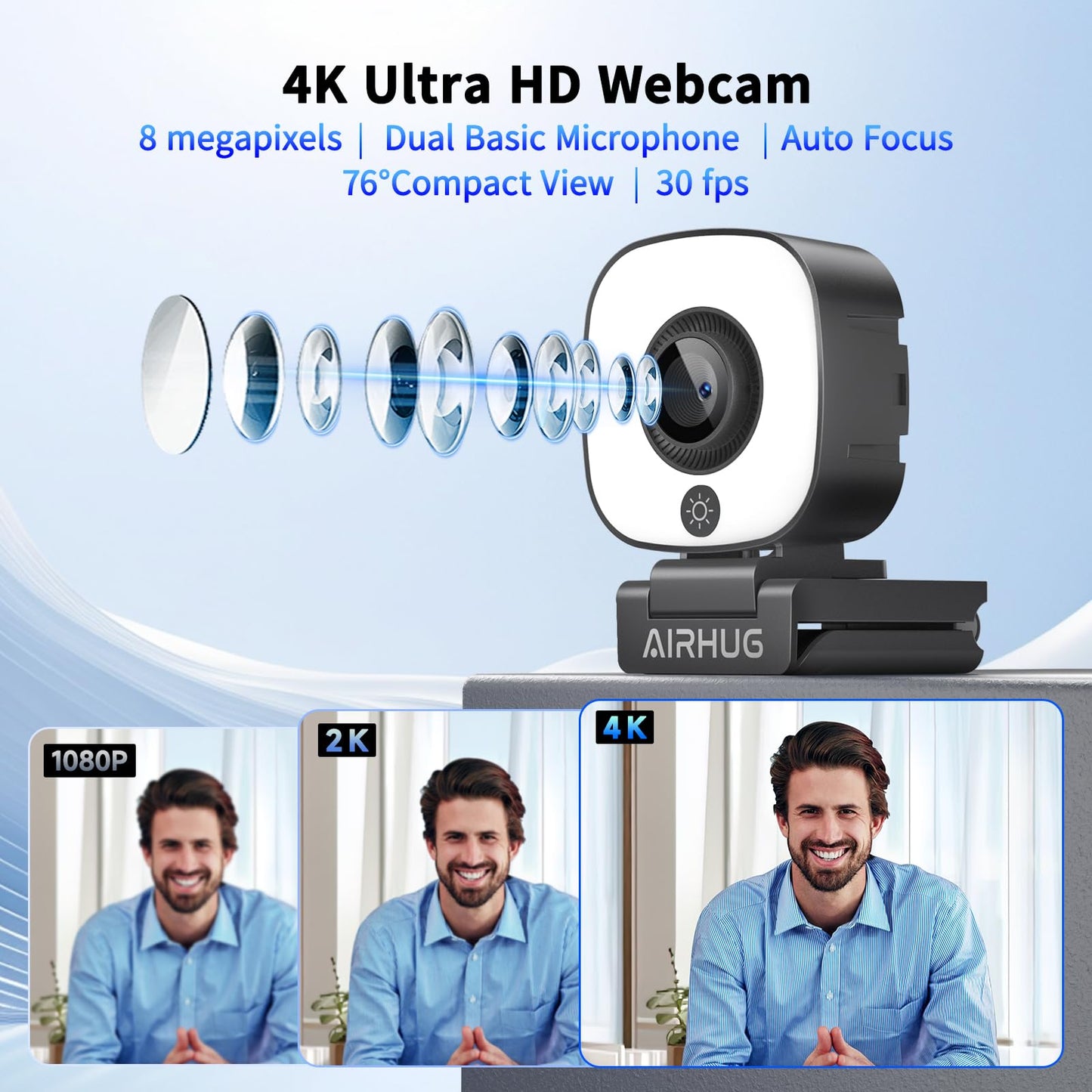 AIRHUG 4K Webcam, Webcam with Microphone, Adjustable Light Computer Camera with Privacy Cover, USB Plug and Play for Laptop Video Calling