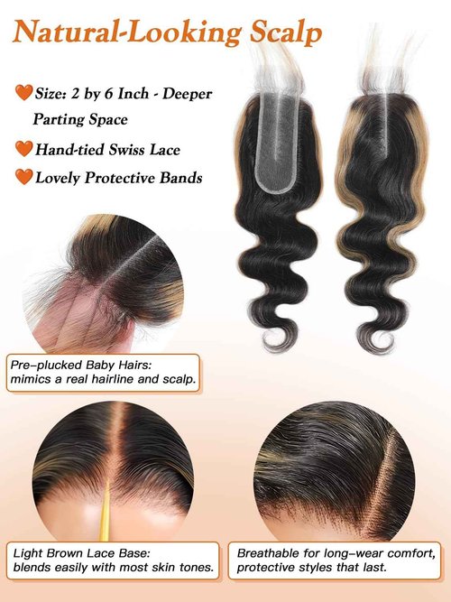 Honey Blonde Highlight Body Wave 2x6 Closure with Bundles 12 14 16 +10 Inch, 1b/27 Black and Blonde Balayage Loose Wave Sew In Weave Bundles with HD Lace Closure