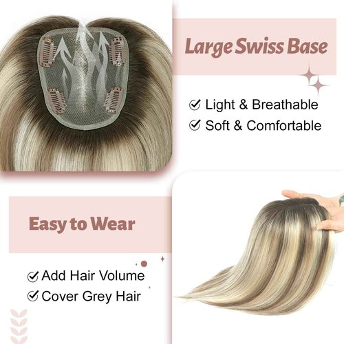 GULALUUK Hair Toppers for Women Human Hair Toppers Handmade Upgrade 10 * 12 cm Larger Swiss Base Wiglets Remy HairToppers 12 Inch HairToppers for Thining HairLoss Cover GrayHair 40g Ombre Light Brown