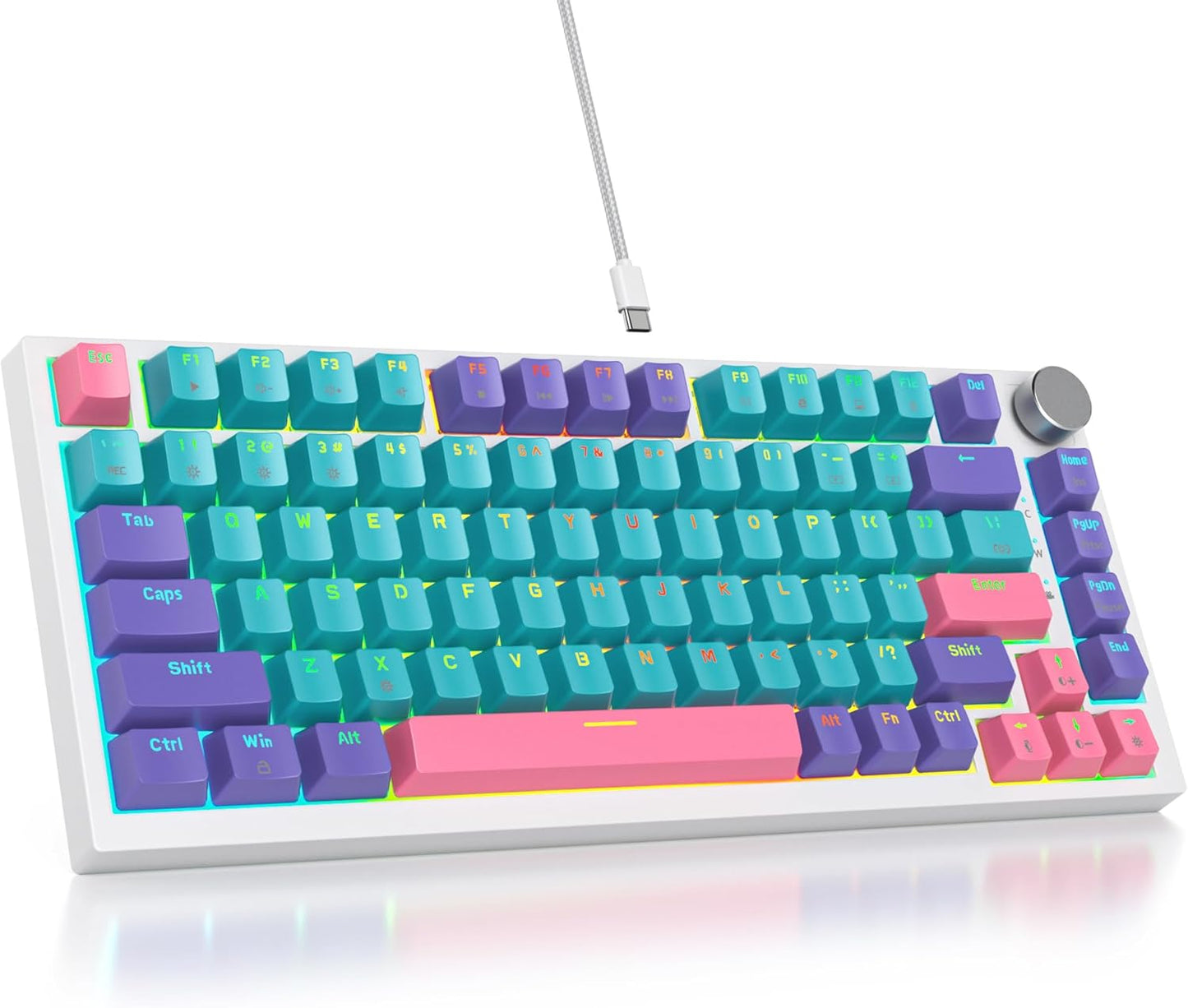 75 Percent Keyboard Gasket-Mounted with Sound Absorbing Pads, 82-Key Compact Wired RGB Mechanical Gaming Keyboard Hot-Swap Socket for Win, Gray White