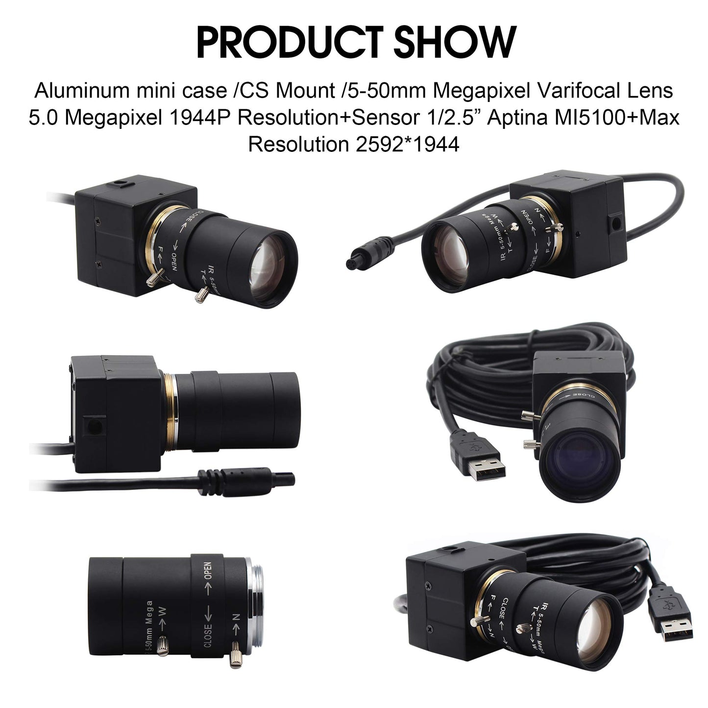 5mp USB Camera with Zoom 5-50mm Lens Webcam Variable Focus PC Camera Mini UVC USB2.0 USB with Camera for Computer Manual Zoom Close-up Camera Industrial Varifocal Web Camera for Raspberry Pi Laptop