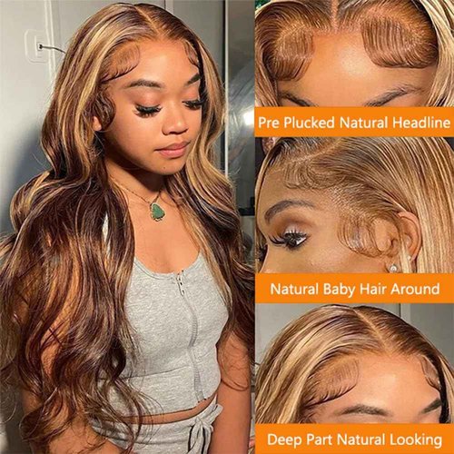 MAXTASK Highlight Ombre Lace Front Wig Human Hair 13x4 HD Transparent 180% Density Body Wave Wigs Human Hair with Baby Hair Pre Plucked for Women 4/27 Honey Blonde Lace Frontal Colored Wigs (26Inch)