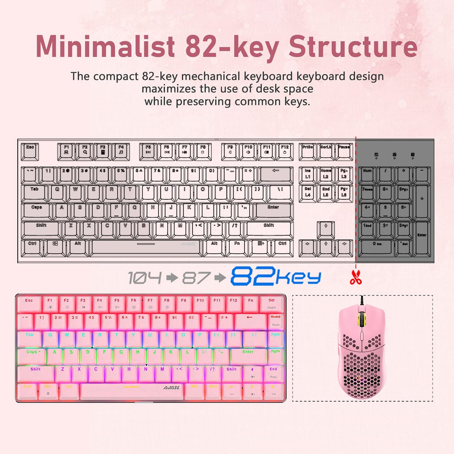 ZIYOU LANG Pink Gaming Keyboard and Mouse Combo,Rainbow LED Backlit Mechanical Keyboard,6400 DPI RGB Ultralight Gaming Mouse,Pink Mouse Bungee,for Game and Office