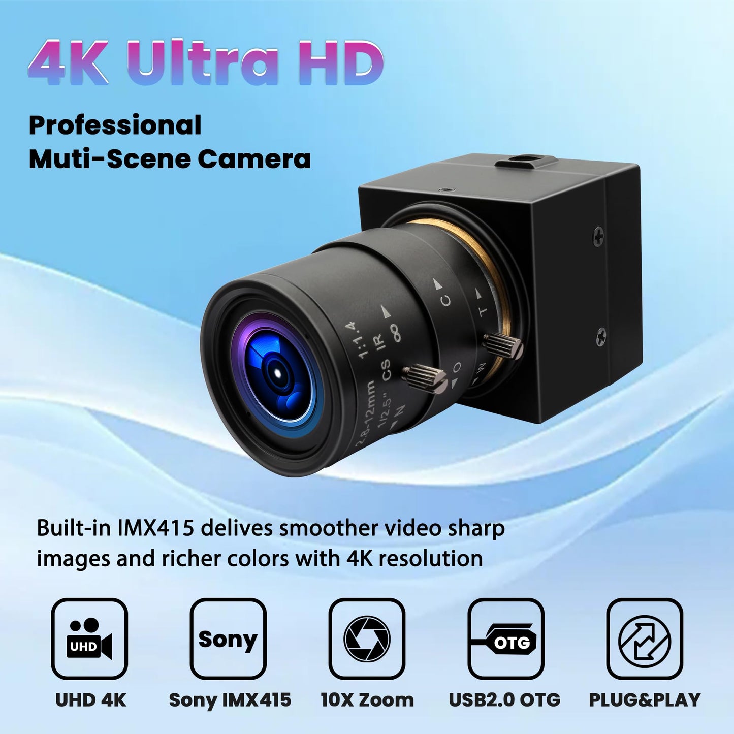 ALPCAM 4K Wide Angle Varifocal Zoom Lens Webcam Ultra HD 2160P 30fps Plug and Play USB Computer Camera for Windows/Linux/Raspberry Pi/Mac