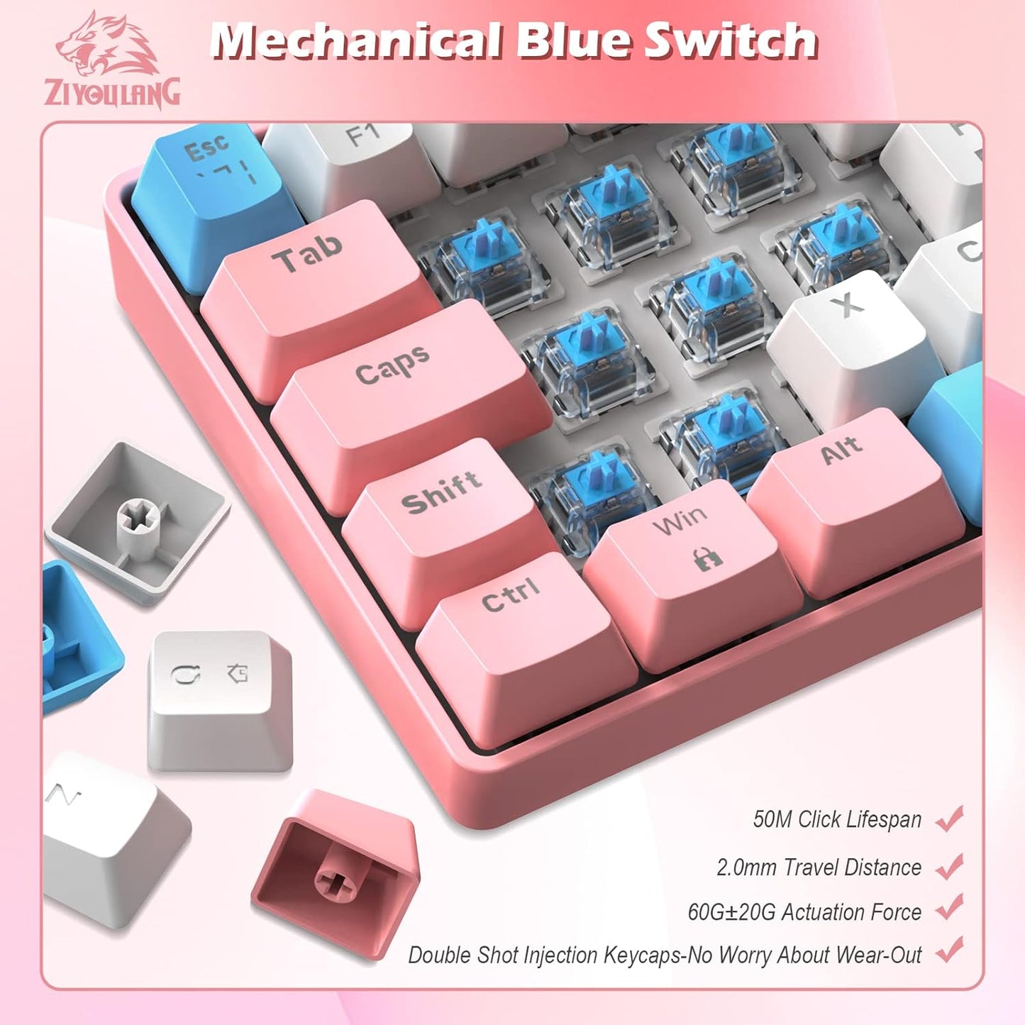 ZIYOU LANG RK-T60 Wired Mechanical Gaming Keyboard and Mouse Combo Portable with Rainbow Backlit 62Key NKRO 6400DPI RGB Honeycomb Mice Coiled Aviator Cable for PS4/PC/WIN Gamer(Light Gray/Red Switch)